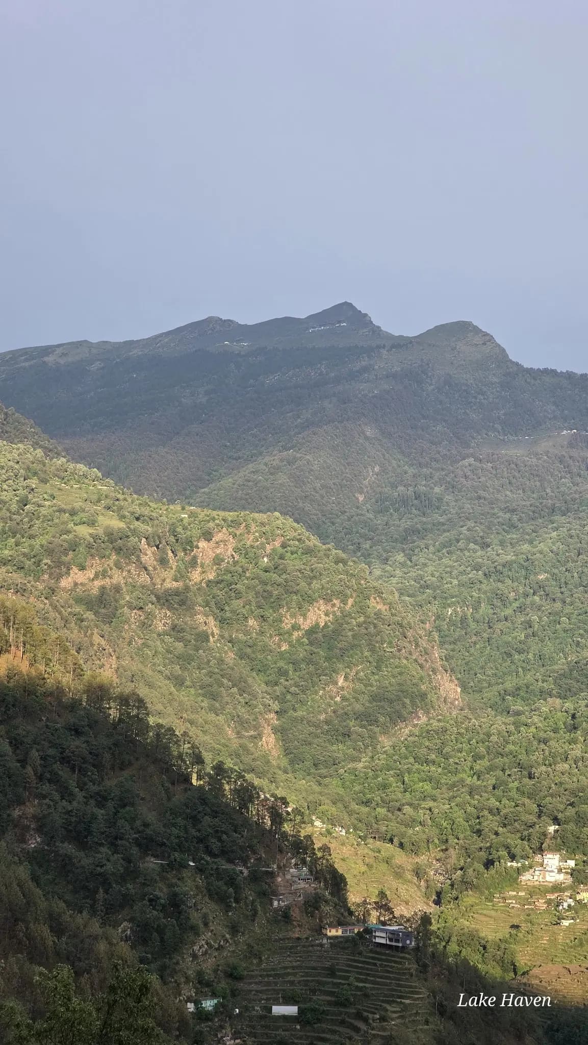 Wide Himalayan mountain valley view near Sari Village and the Chopta region in Uttarakhand